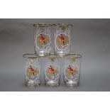 Five C.V.C. Foxhunting glasses with gold rims, made in Belgium. Height 11 cm.