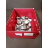 A box of silver ware to comprise two Walker and Hall pepperettes, an engraved napkin ring,