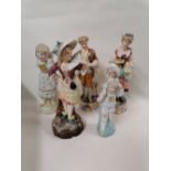 A group of five continental figural porcelain ornaments