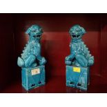 A pair of turquoise glazed Foo Dog statues