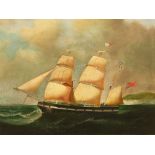 Whitehaven School, oil on canvas "Gunboat Off Coast". 37 cm x 50 cm, framed (see illustration).