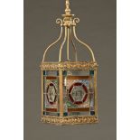 A Victorian brass and glass square form lantern, with stained glass panels to either side.