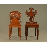 Two Georgian carved mahogany hall chairs in the classical style, possibly Gillows.