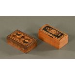 Two small Tunbridge ware caskets, one with domed top the other flat with centre knob.
