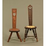 Two Welsh spinning chairs, each with carved back, one with upholstered seat. Tallest 97 cm.