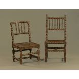 A near pair of 17th century walnut bobbin Turners chairs, with unusual stretcher configuration.