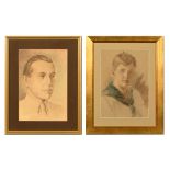 Two portrait crayon drawings, young boy and companion. Largest 43 cm x 29 cm.