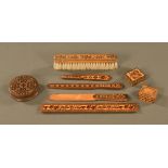 A Tunbridge ware brush, rule and three letter knives,