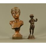 A bronze effect metal bust, impressed Vuillamy, together with a bronze figure of a standing boy.