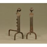 A pair of large 17th century wrought iron swan neck andirons. Height 50 cm, width 16 cm.