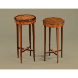 A near pair of Georgian Sheraton period satinwood marquetry urn stands, brass mounted.