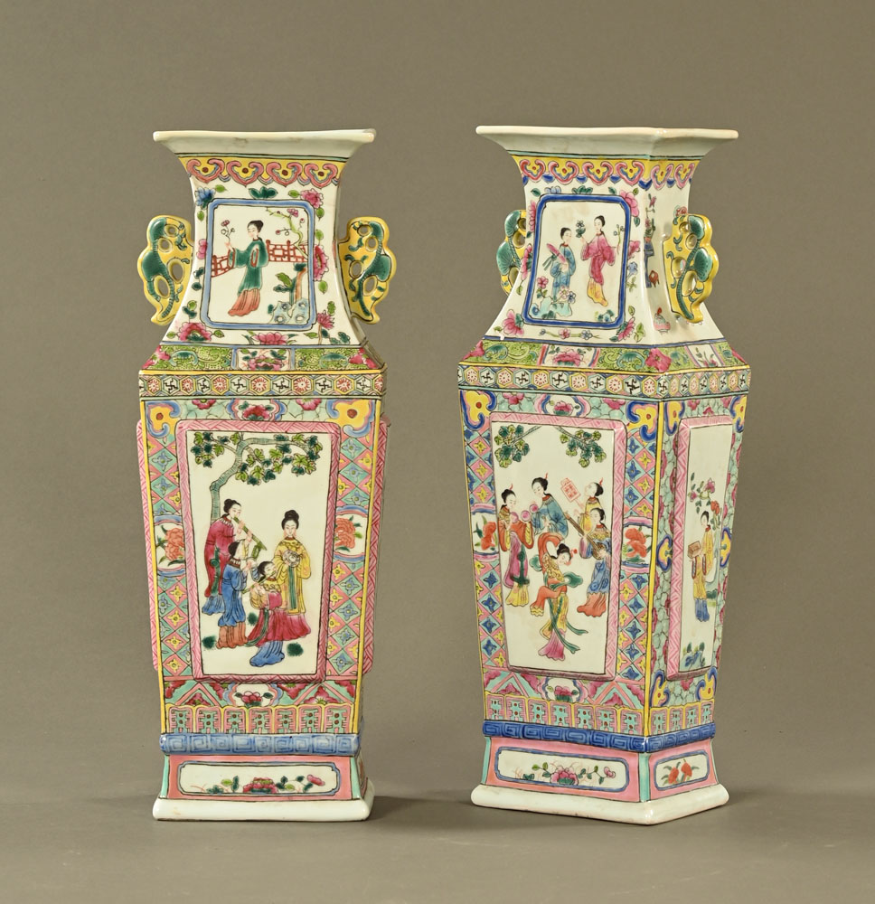 A pair of Chinese rectangular form vases, polychrome. Height 42 cm (see illustration).