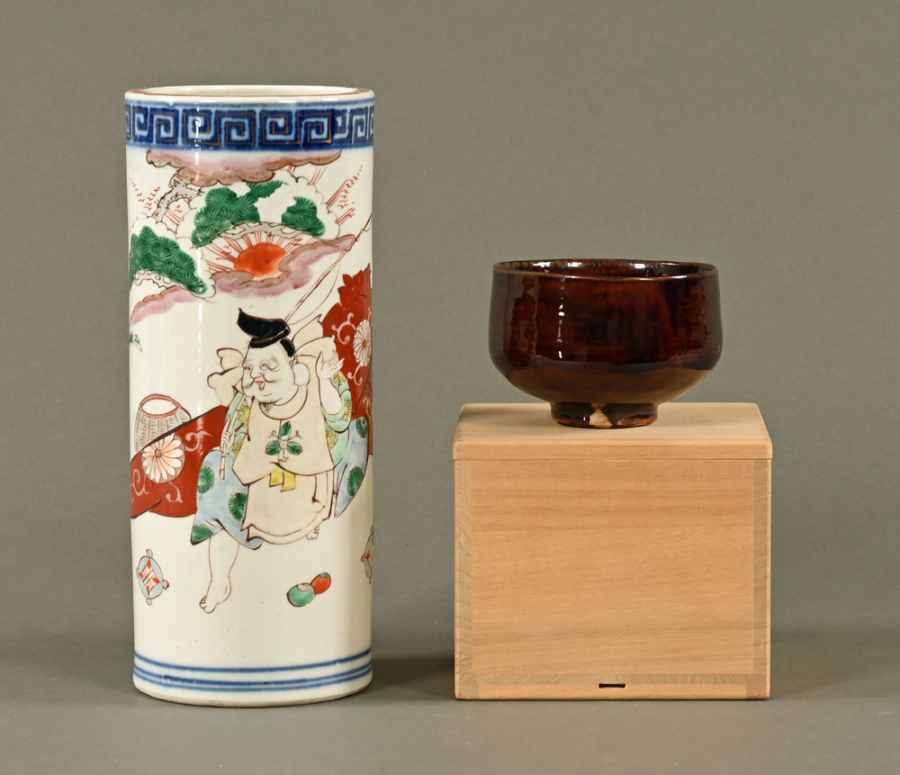 A Japanese cylindrical vase, polychrome. Height 29 cm together with a boxed studio pot.