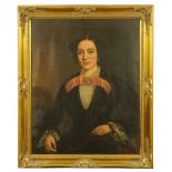 A 19th century oil painting, portrait of a lady, half length wearing brooch and earrings.