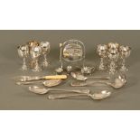 A silver plated small table gong with beater, a quantity of goblets, serving spoons, condiments etc.