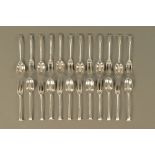 Twelve pairs of Onslow pattern principally George III forks and spoons, various makers and marks,