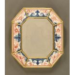 A bevelled glass mirror, with painted metal frame and Imari patterned earthenware panels. 31.