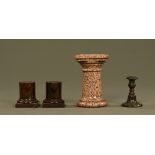 A collection of three Grand Tour marble socles/stands, for sculpture and a marble candlestick.