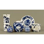Three Chinese blue and white ginger jars, a spill vase, pierced vase and dragon plate.