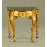 A 19th century gilt painted serpentine fronted wooden console table,