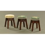 Three chip carved stools, with upholstered tops (2 matching) and raised on angled legs.