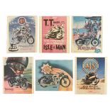 Six vintage motorcycle posters, each in clip frame. Frame dimensions 60 cm x 50 cm.