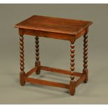 An oak occasional table, with bobbin turnings and low stretchers.