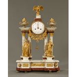 An 18th century French marble and bronze mantle clock, with two train striking movement,