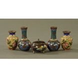 Two pairs of miniature cloisonne vases, together with a small lidded vessel. Tallest 63 mm.