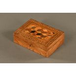 A 19th century Tunbridge ware box, with parquetry top and bearing label beneath T Barton,