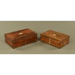Two Victorian rosewood inlaid mother of pearl lap desks. Widest 40 cm.