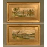 J Cox, a pair of late 19th century watercolours, Stratford on Avon. 19 cm x 45 cm, framed, signed.