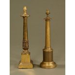 Two 19th century brass classical lamps of architectural form. Tallest 60 cm.