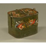 A Scandinavian painted wooden storage box, green with foliate and scroll work.