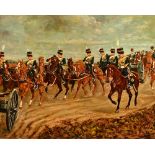 Oil on board British Heavy Cavalry. 39 cm x 49 cm, framed.