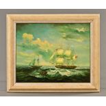C Chaplin, seascape with gunboat and vessels. 39 cm x 48 cm, framed, signed.