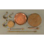 Three antique brass coat hooks, two toasting forks, two bronze gongs and a copper tray.