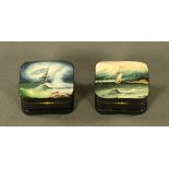 Two small Russian hand painted boxes, with red interiors, maritime scenes, both signed.