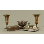 A pewter inkwell with stag, together with a bronze dish and a pair of Benares vases. Tallest 22 cm.