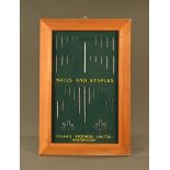 A framed industrial sample of nails and staples by Rylands Brothers Ltd Warrington,