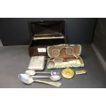 A silver cigarette case, silver tablespoon, 2 pairs of lorgnettes etc.