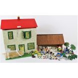 A mid 20th century painted wood and pebble dash effect two storey doll's house, with red roof,
