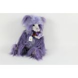 A Charlie bears teddy bear, "Charlie Year Bear 2019", having lilac and grey long pile plush body,