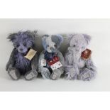 Three Charlie bears, to comprise "Kekezza", with lilac and purple long and short pile plush body,