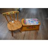 A small pine child's chair together with a painted pine chest