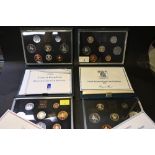 Four cased sets of United Kingdom proof coins by Royal Mint, with dates comprising 1983, 1985,