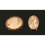 A 9 ct gold cameo brooch and another similar but un-hallmarked.