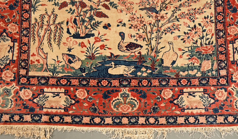 A pair of Eastern silky pile fringed rugs, decorated with various birds, - Image 3 of 23