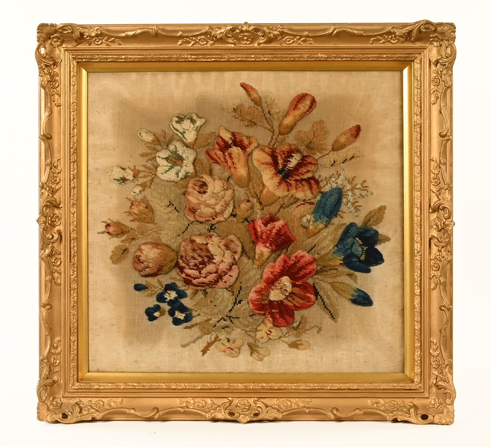 A Victorian stump work picture, roses and other flower heads. 53 cm x 55 cm, in gilt frame.