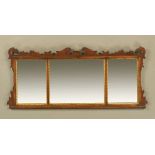 A George III style fretwork overmantle triple mirror. Height 63 cm, width 137 cm.